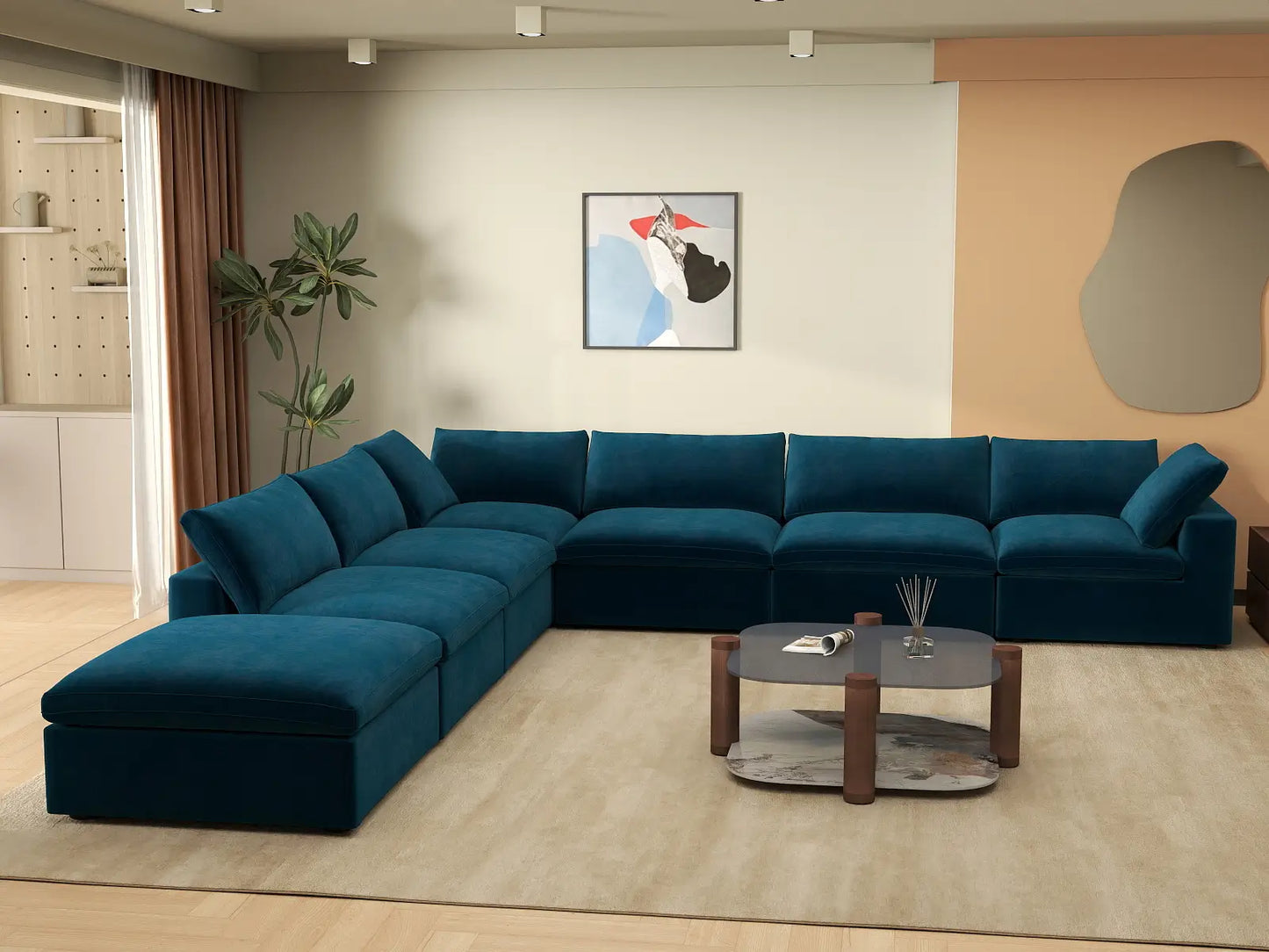 Deluxe Cloud 6-Seater V-Shaped Sectional in Dark Blue Velvet | 7-Piece (Includes 1 Ottoman), Living Room Seating, Easy To Clean, Modern Style