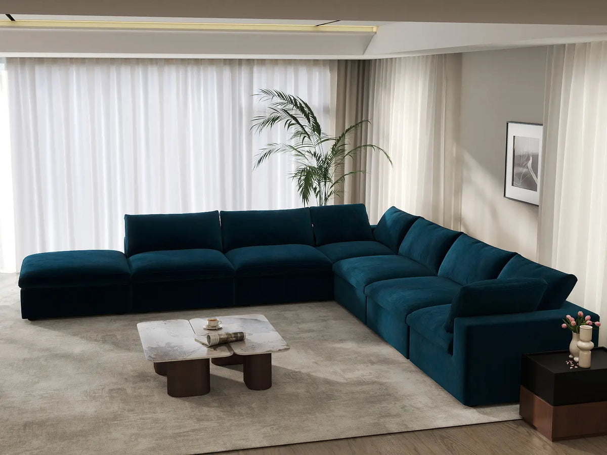 Deluxe Cloud 6-Seater V-Shaped Sectional in Dark Blue Velvet | 7-Piece (Includes 1 Ottoman), Living Room Seating, Easy To Clean, Modern Style