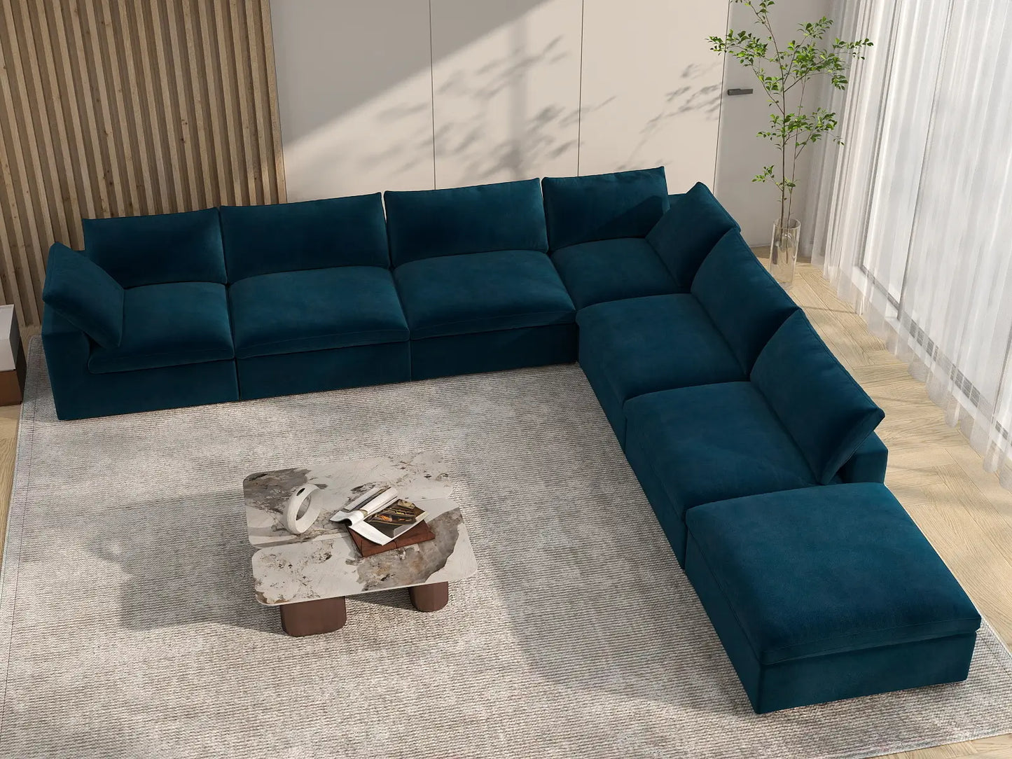 Deluxe Cloud 6-Seater V-Shaped Sectional in Dark Blue Velvet | 7-Piece (Includes 1 Ottoman), Living Room Seating, Easy To Clean, Modern Style