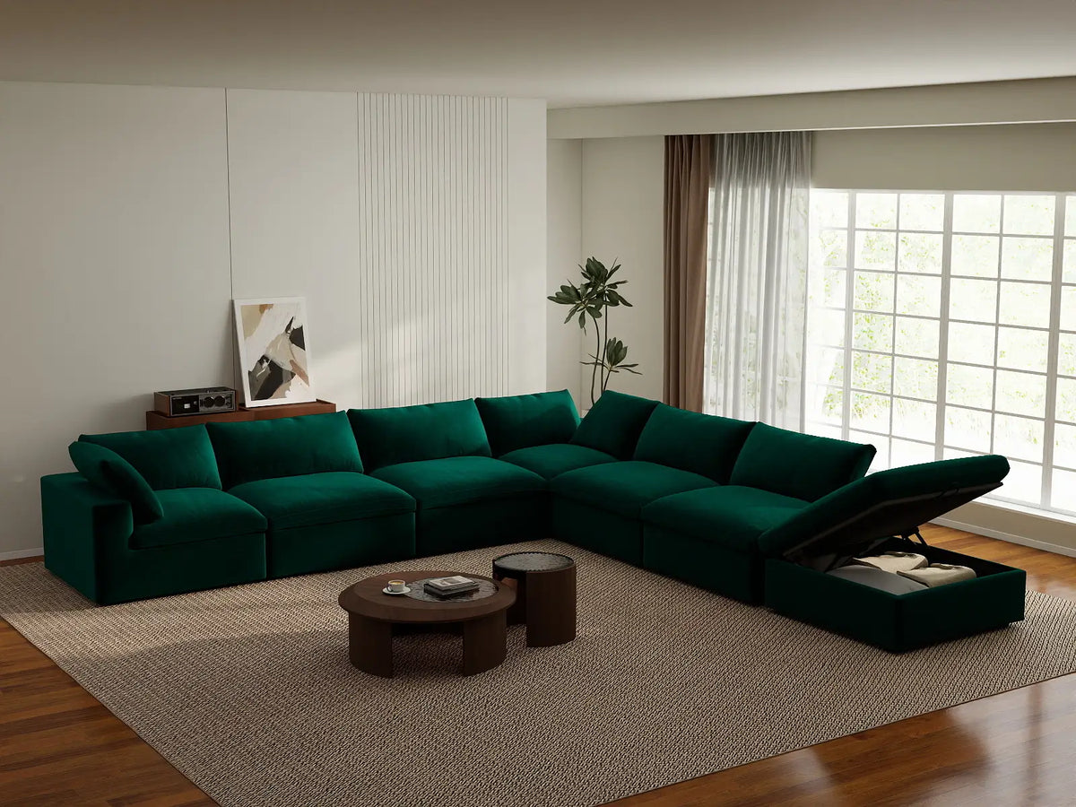 Deluxe Cloud 6-Seater V-Shaped Sectional in Gem Green Velvet | 7-Piece (Includes 1 Ottoman), Living Room Seating, Easy To Clean, Large Space