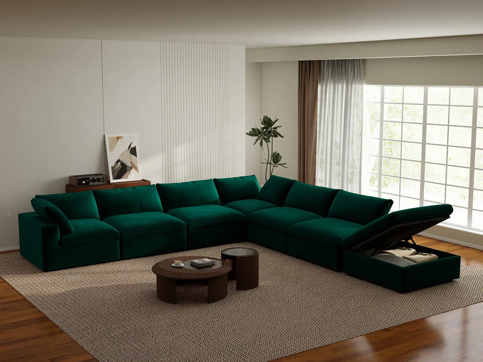 Deluxe Cloud 6-Seater V-Shaped Sectional in Gem Green Velvet | 7-Piece (Includes 1 Ottoman), Living Room Seating, Easy To Clean, Large Space