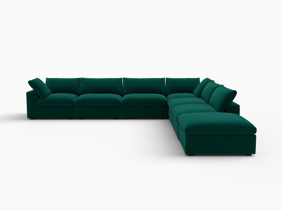 Deluxe Cloud 6-Seater V-Shaped Sectional in Gem Green Velvet | 7-Piece (Includes 1 Ottoman), Living Room Seating, Easy To Clean, Large Space