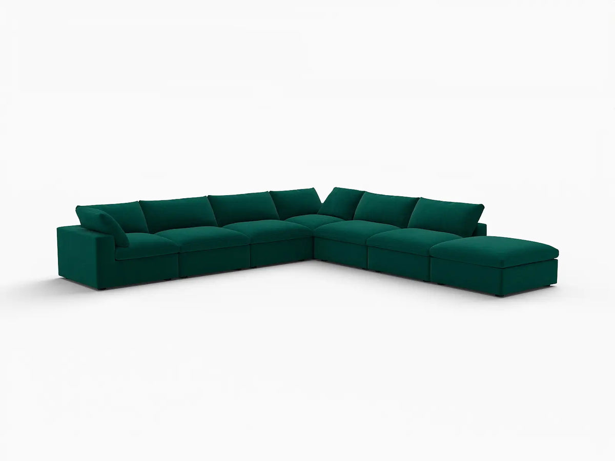 Deluxe Cloud 6-Seater V-Shaped Sectional in Gem Green Velvet | 7-Piece (Includes 1 Ottoman), Living Room Seating, Easy To Clean, Large Space
