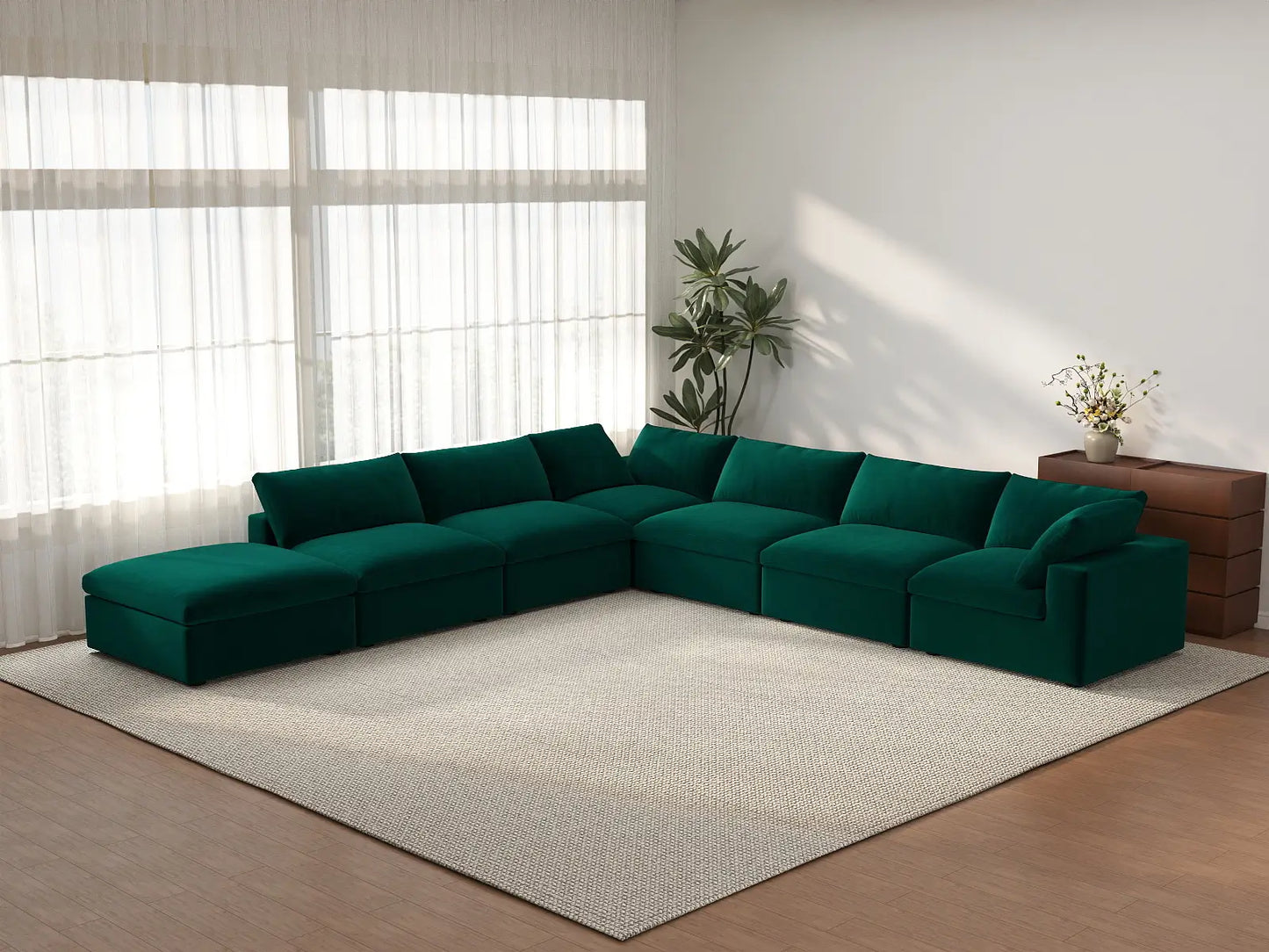 Deluxe Cloud 6-Seater V-Shaped Sectional in Gem Green Velvet | 7-Piece (Includes 1 Ottoman), Living Room Seating, Easy To Clean, Large Space