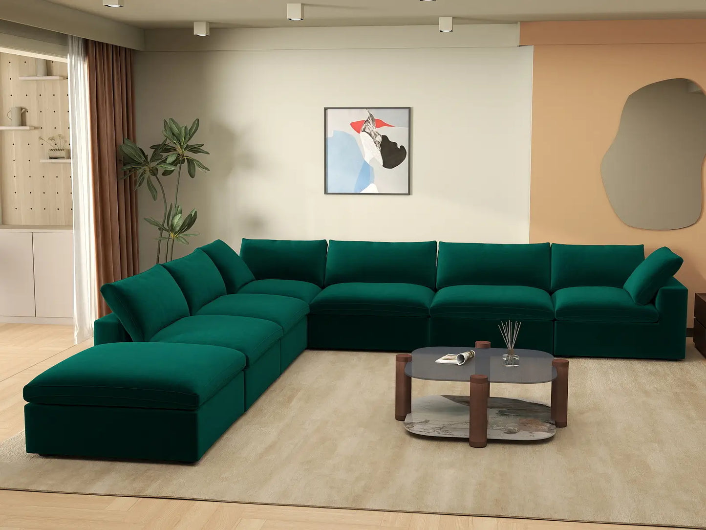 Deluxe Cloud 6-Seater V-Shaped Sectional in Gem Green Velvet | 7-Piece (Includes 1 Ottoman), Living Room Seating, Easy To Clean, Large Space
