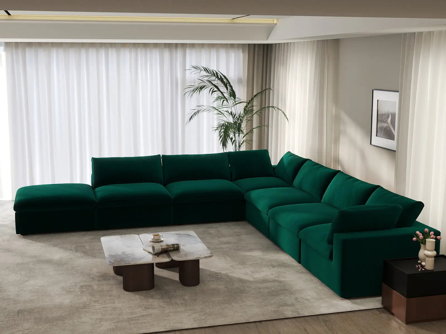 Deluxe Cloud 6-Seater V-Shaped Sectional in Gem Green Velvet | 7-Piece (Includes 1 Ottoman), Living Room Seating, Easy To Clean, Large Space