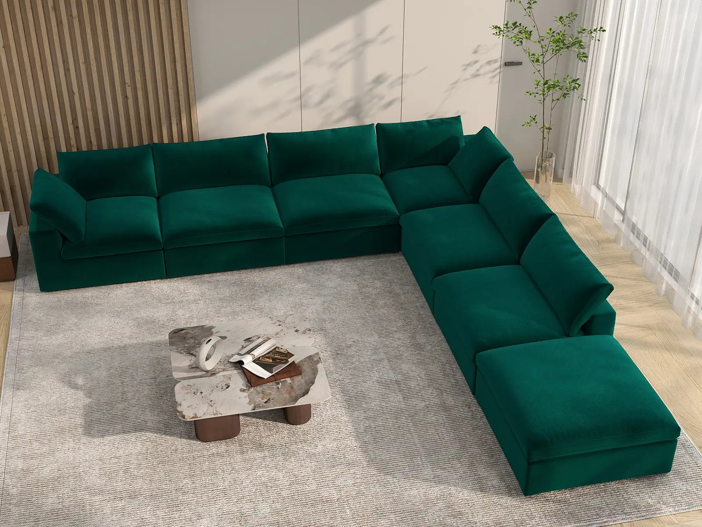 Deluxe Cloud 6-Seater V-Shaped Sectional in Gem Green Velvet | 7-Piece (Includes 1 Ottoman), Living Room Seating, Easy To Clean, Large Space