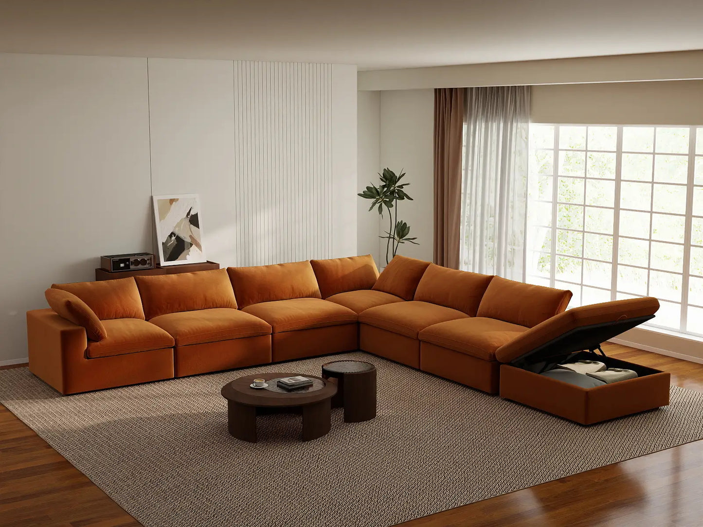 Deluxe Cloud 6-Seater V-Shaped Sectional in Terracotta Velvet | 7-Piece (Includes 1 Ottoman), Living Room Seating, Easy To Clean, Modular Design