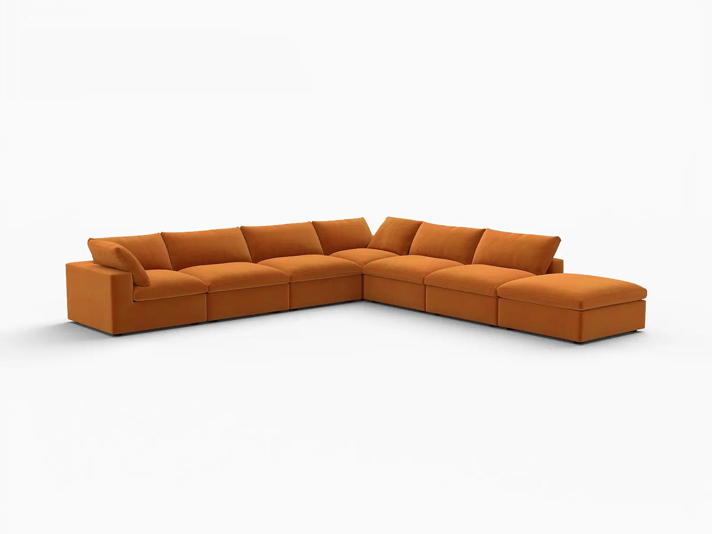 Deluxe Cloud 6-Seater V-Shaped Sectional in Terracotta Velvet | 7-Piece (Includes 1 Ottoman), Living Room Seating, Easy To Clean, Modular Design
