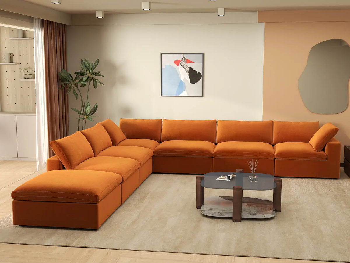 Deluxe Cloud 6-Seater V-Shaped Sectional in Terracotta Velvet | 7-Piece (Includes 1 Ottoman), Living Room Seating, Easy To Clean, Modular Design