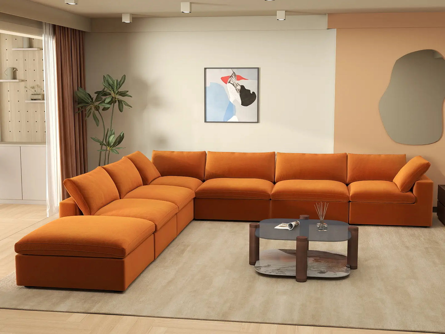 Deluxe Cloud 6-Seater V-Shaped Sectional in Terracotta Velvet | 7-Piece (Includes 1 Ottoman), Living Room Seating, Easy To Clean, Modular Design