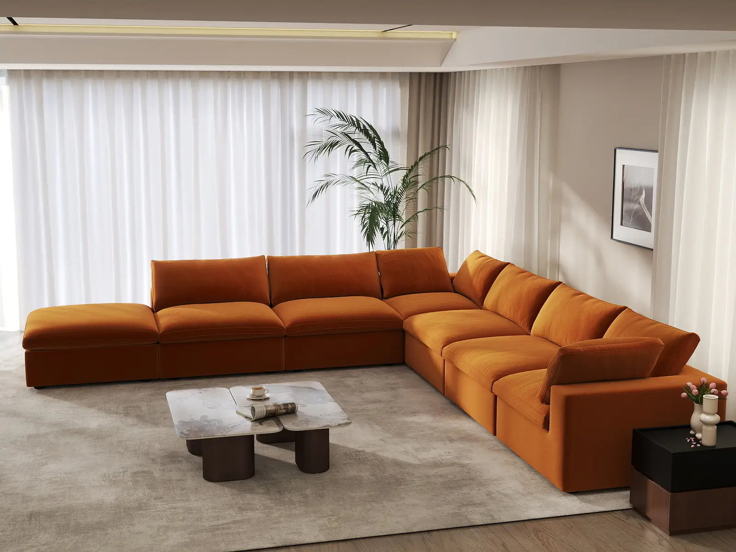 Deluxe Cloud 6-Seater V-Shaped Sectional in Terracotta Velvet | 7-Piece (Includes 1 Ottoman), Living Room Seating, Easy To Clean, Modular Design