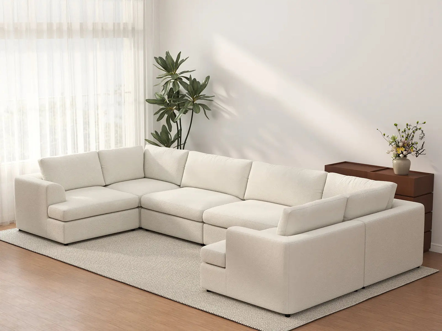 Deluxe Cloud 6-Seater White Large Space U-Shaped Sectional | 6-Piece, Bouclé Sherpa-Like Fabric, Easy To Clean