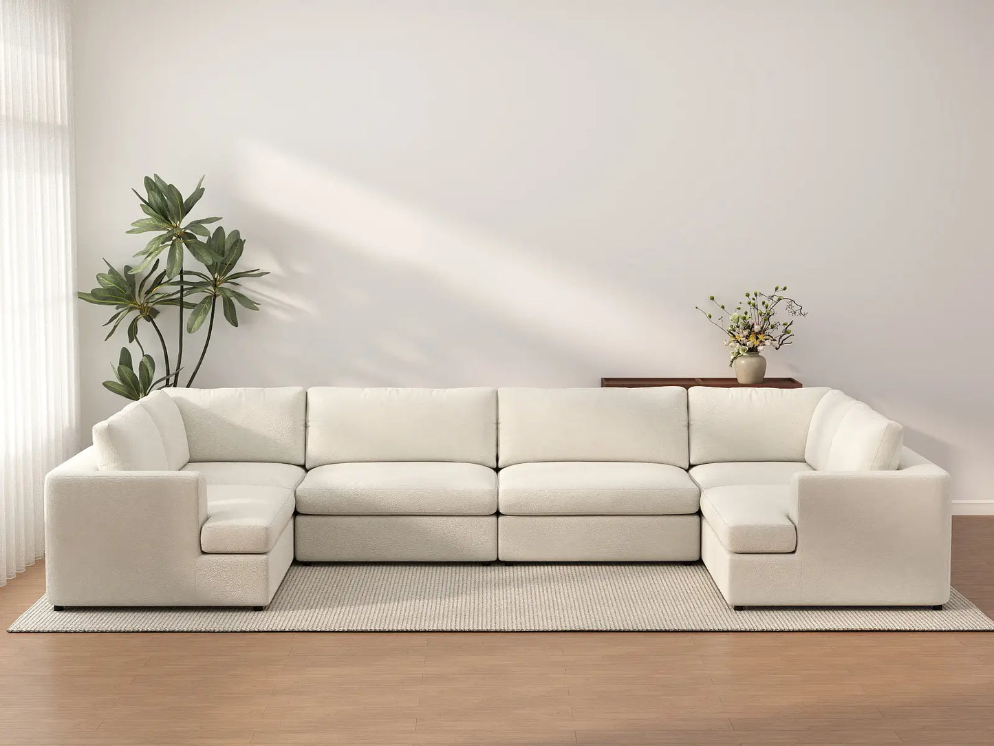 Deluxe Cloud 6-Seater White Large Space U-Shaped Sectional | 6-Piece, Bouclé Sherpa-Like Fabric, Easy To Clean