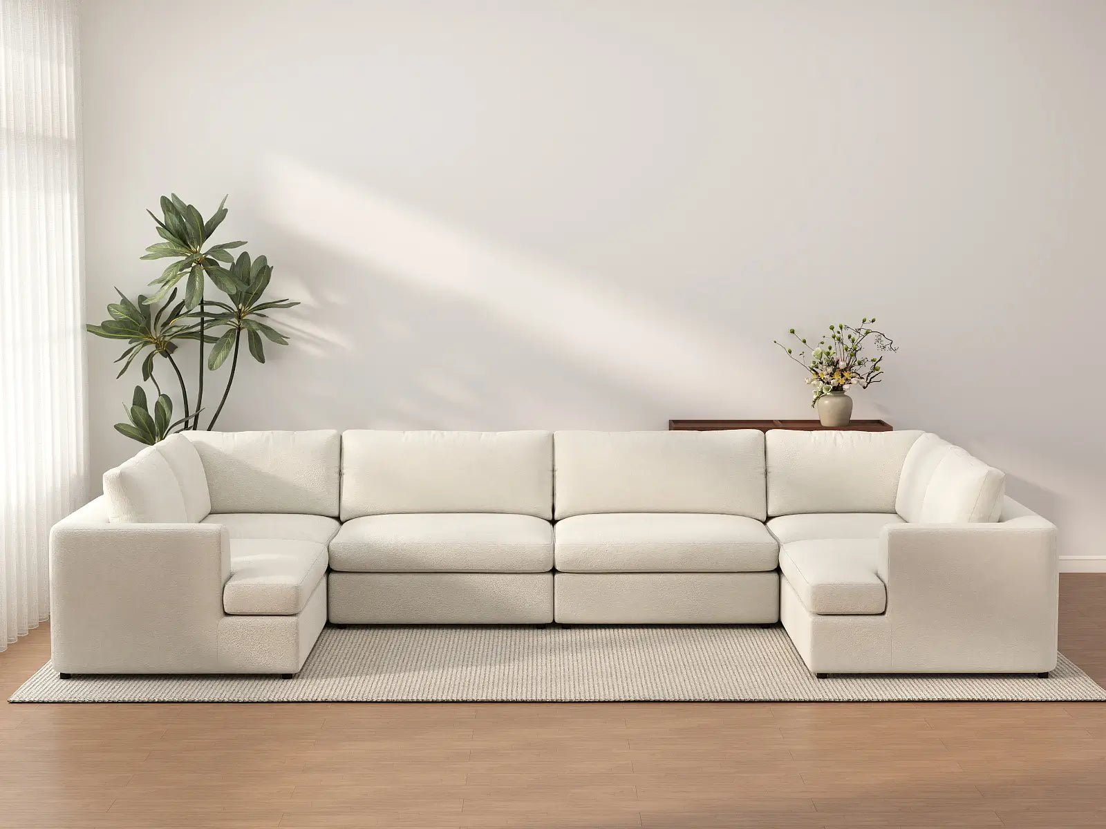 Deluxe Cloud 6-Seater White Large Space U-Shaped Sectional | 6-Piece, Bouclé Sherpa-Like Fabric, Easy To Clean