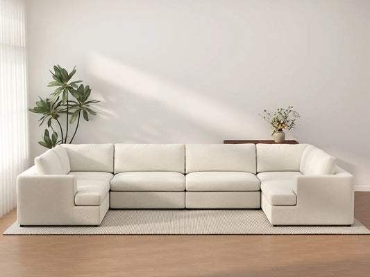 Sofá seccional de 6 plazas en forma de U Deluxe Cloud | 6 piezas, tela tipo sherpa bouclé, fácil de limpiar