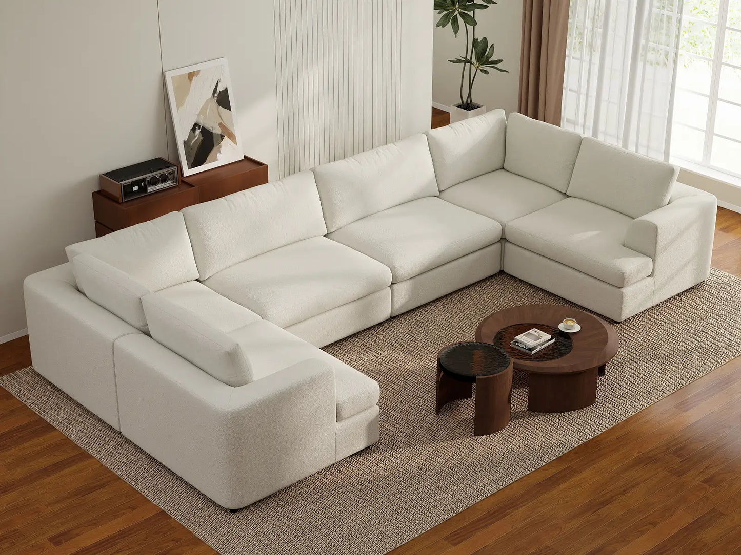 Deluxe Cloud 6-Seater White Large Space U-Shaped Sectional | 6-Piece, Bouclé Sherpa-Like Fabric, Easy To Clean