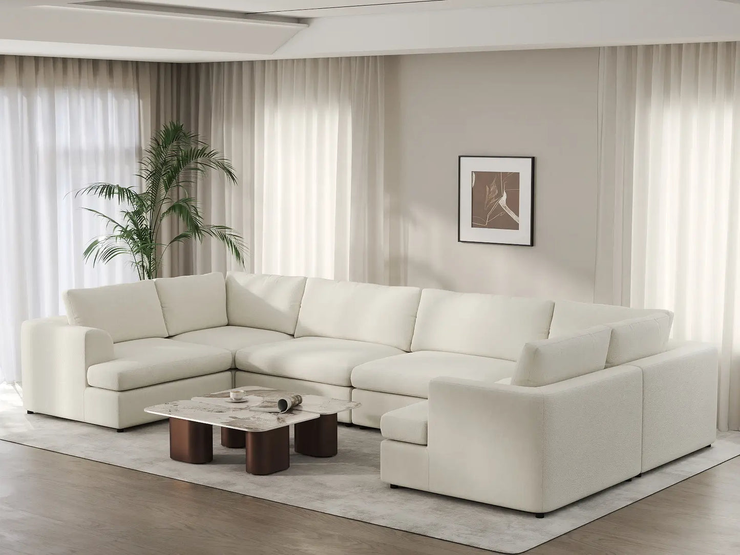 Deluxe Cloud 6-Seater White Large Space U-Shaped Sectional | 6-Piece, Bouclé Sherpa-Like Fabric, Easy To Clean