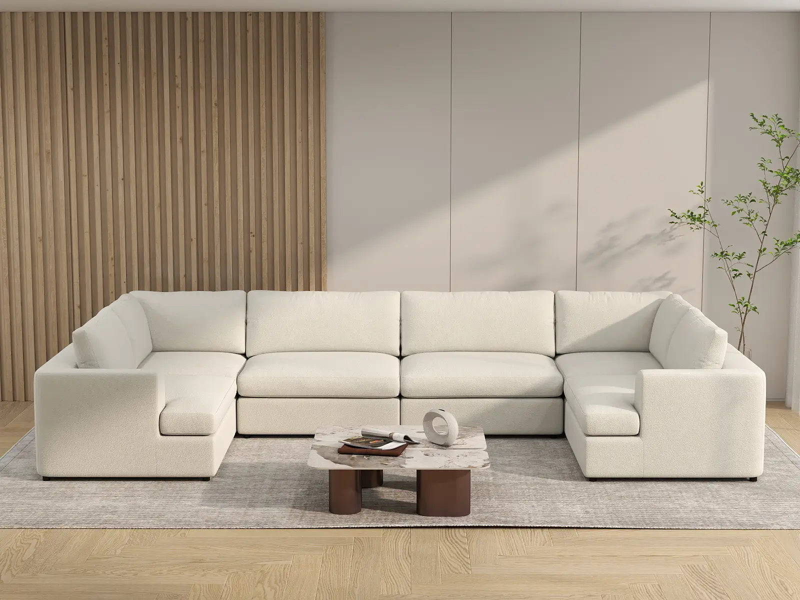 Deluxe Cloud 6-Seater White Large Space U-Shaped Sectional | 6-Piece, Bouclé Sherpa-Like Fabric, Easy To Clean