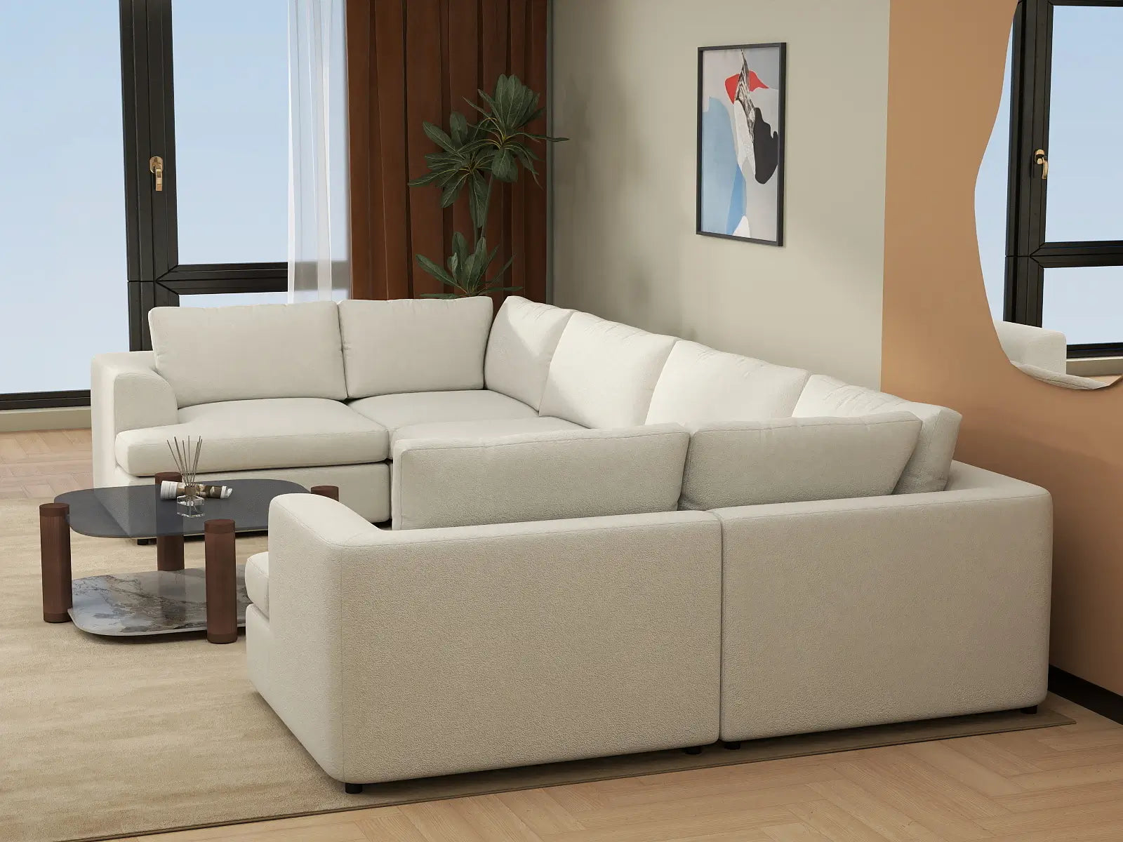 Deluxe Cloud 6-Seater White Large Space U-Shaped Sectional | 6-Piece, Bouclé Sherpa-Like Fabric, Easy To Clean