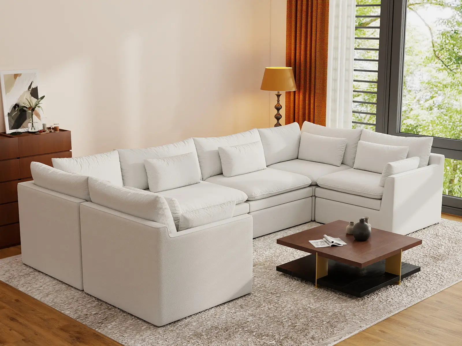 Deluxe Cloud 6-Seater White Large Space U-Shaped Sectional | 6-Piece, Linen Look Poly Fabric, Easy To Clean
