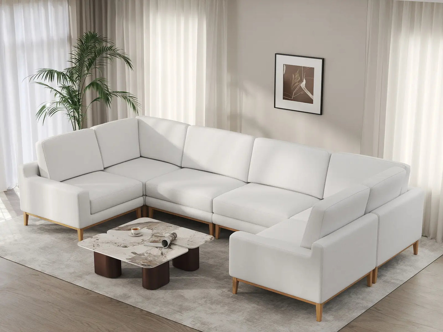 Deluxe Cloud 6-Seater White Large Space U-Shaped Sectional | 6-Piece, Linen Look Poly Fabric, Easy To Clean
