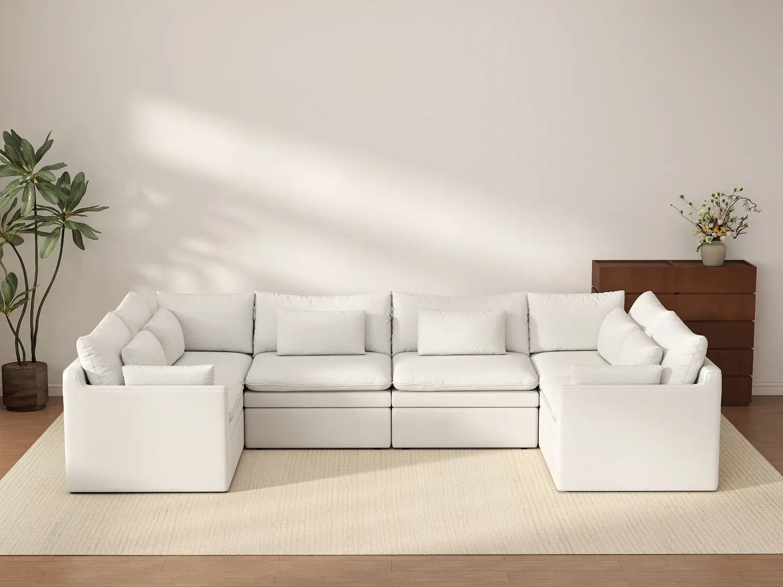 Deluxe Cloud 6-Seater White Large Space U-Shaped Sectional | 6-Piece, Linen Look Poly Fabric, Easy To Clean
