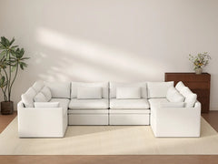 Deluxe Cloud 6-Seater White Large Space U-Shaped Sectional | 6-Piece, Linen Look Poly Fabric, Easy To Clean