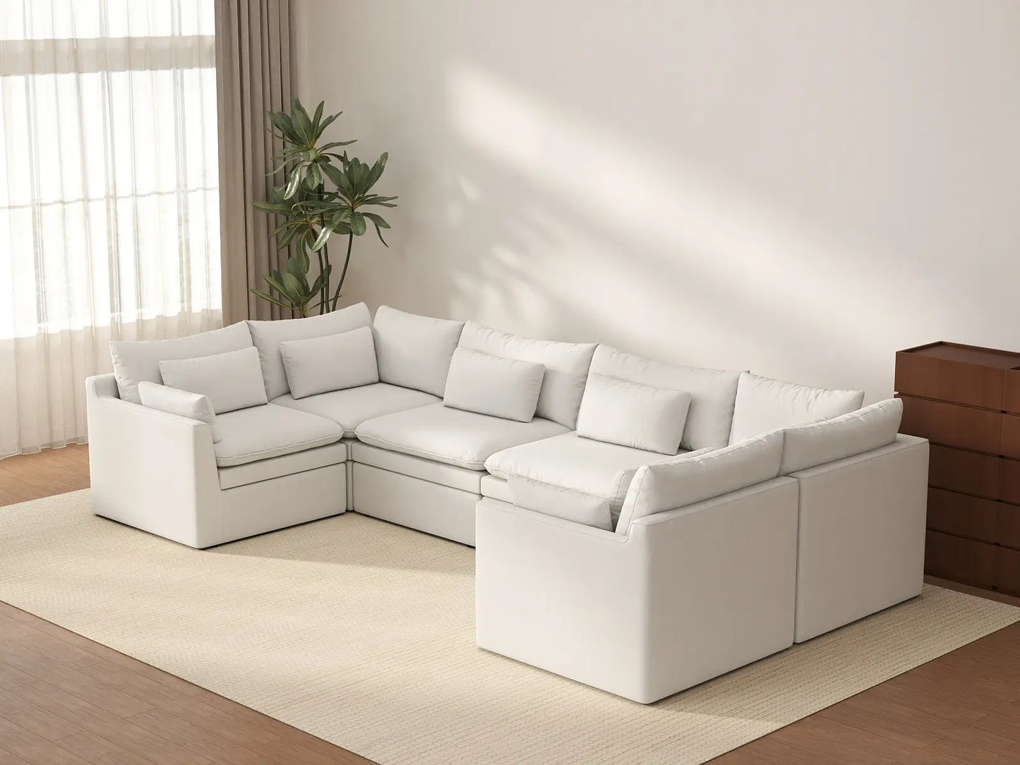 Deluxe Cloud 6-Seater White Large Space U-Shaped Sectional | 6-Piece, Linen Look Poly Fabric, Easy To Clean