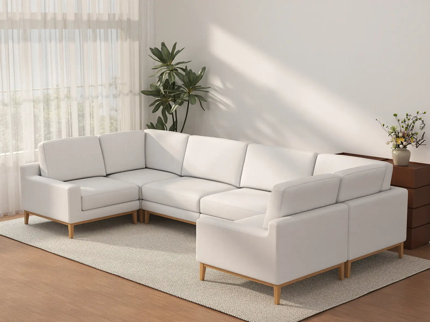 Deluxe Cloud 6-Seater White Large Space U-Shaped Sectional | 6-Piece, Linen Look Poly Fabric, Easy To Clean