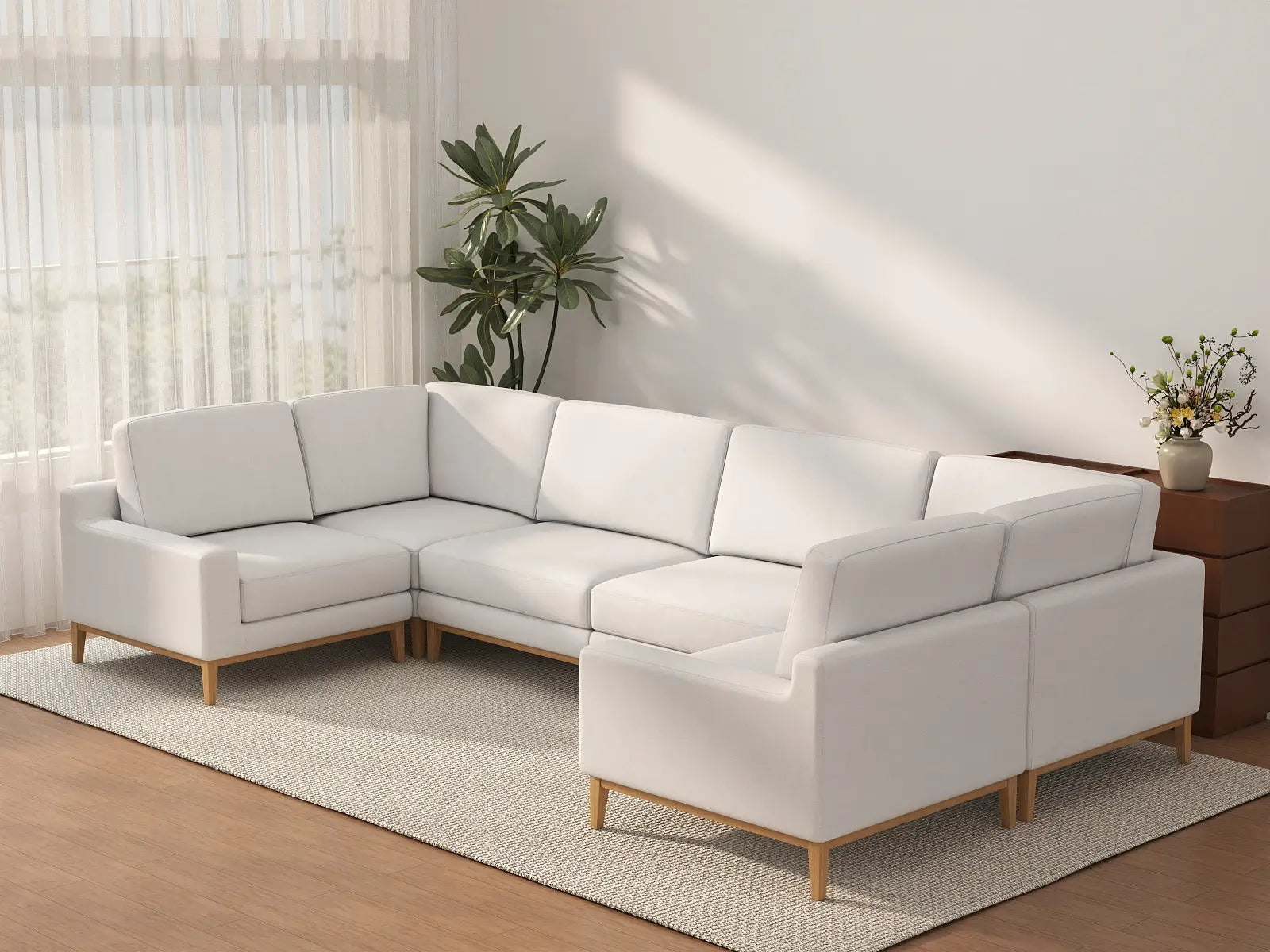 Deluxe Cloud 6-Seater White Large Space U-Shaped Sectional | 6-Piece, Linen Look Poly Fabric, Easy To Clean