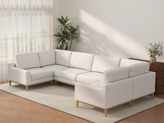 Sofá seccional de 6 plazas en forma de U Deluxe Cloud Blanco | 6 piezas, tejido de poliéster con aspecto de lino, fácil de limpiar