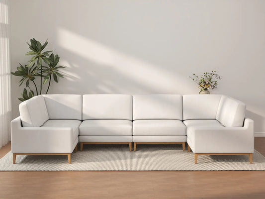 Sofá seccional de 6 plazas en forma de U Deluxe Cloud Blanco | 6 piezas, tejido de poliéster con aspecto de lino, fácil de limpiar