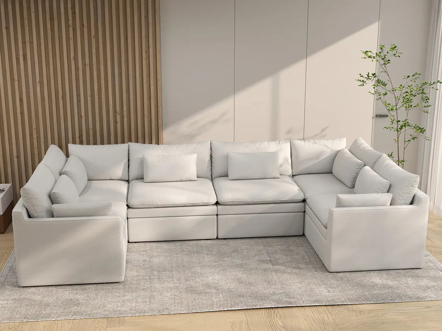 Deluxe Cloud 6-Seater White Large Space U-Shaped Sectional | 6-Piece, Linen Look Poly Fabric, Easy To Clean
