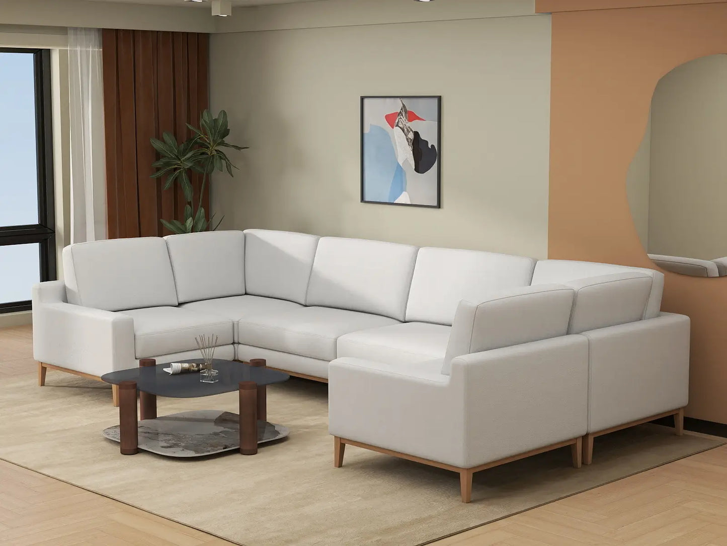 Deluxe Cloud 6-Seater White Large Space U-Shaped Sectional | 6-Piece, Linen Look Poly Fabric, Easy To Clean