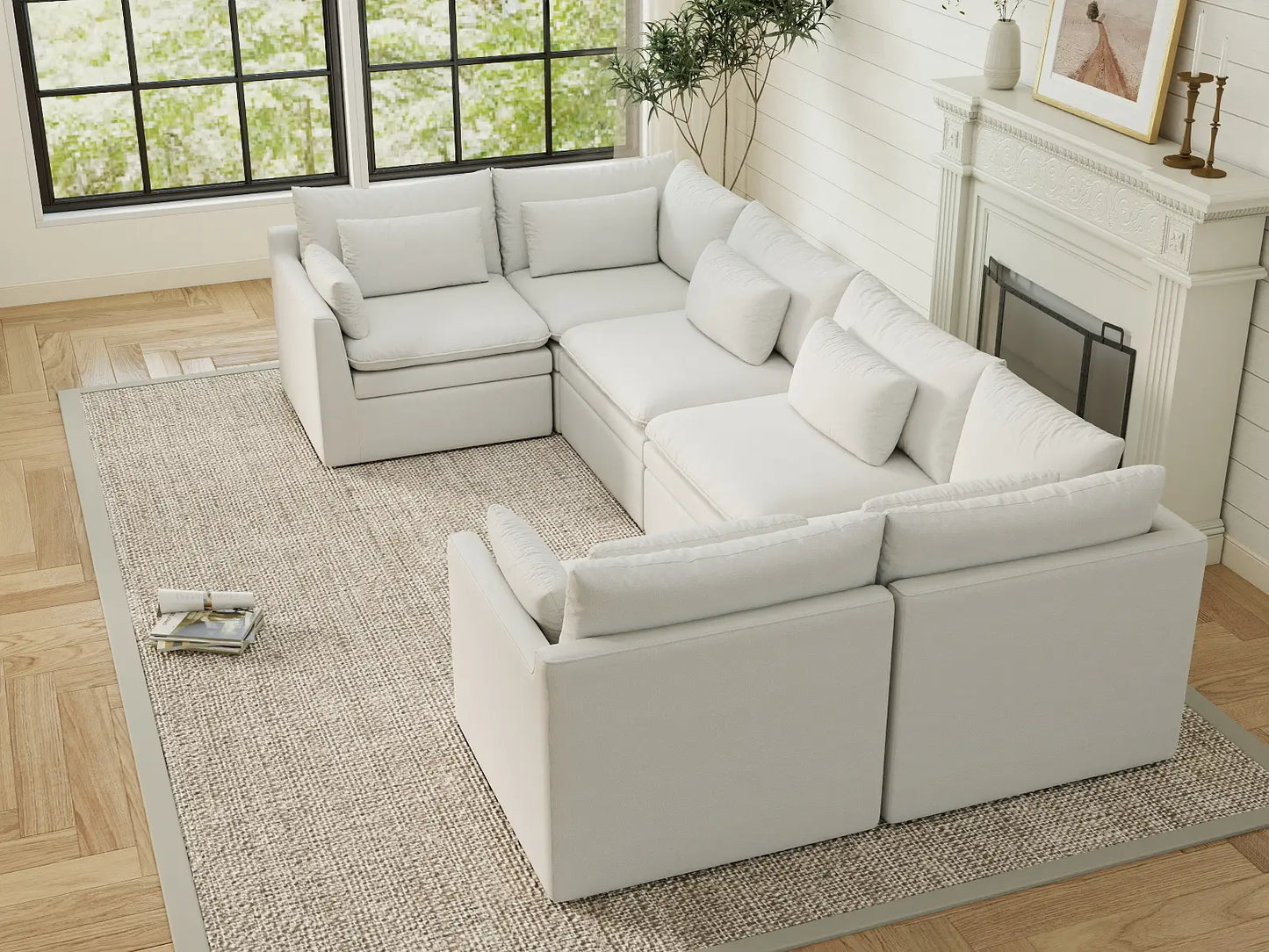 Deluxe Cloud 6-Seater White Large Space U-Shaped Sectional | 6-Piece, Linen Look Poly Fabric, Easy To Clean
