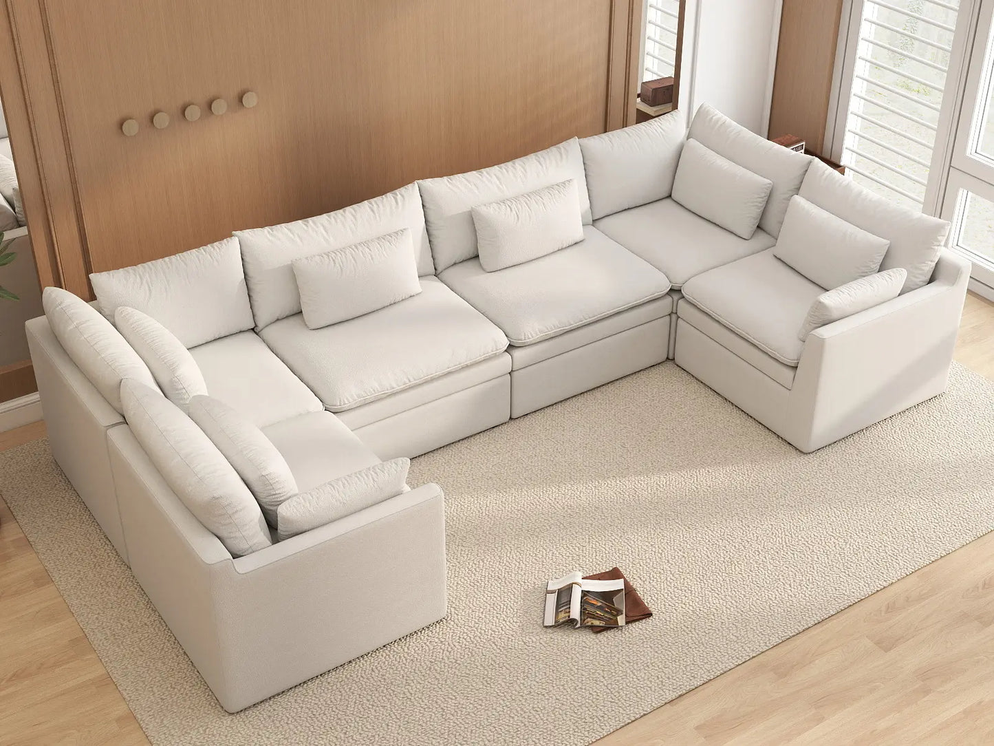 Deluxe Cloud 6-Seater White Large Space U-Shaped Sectional | 6-Piece, Linen Look Poly Fabric, Easy To Clean
