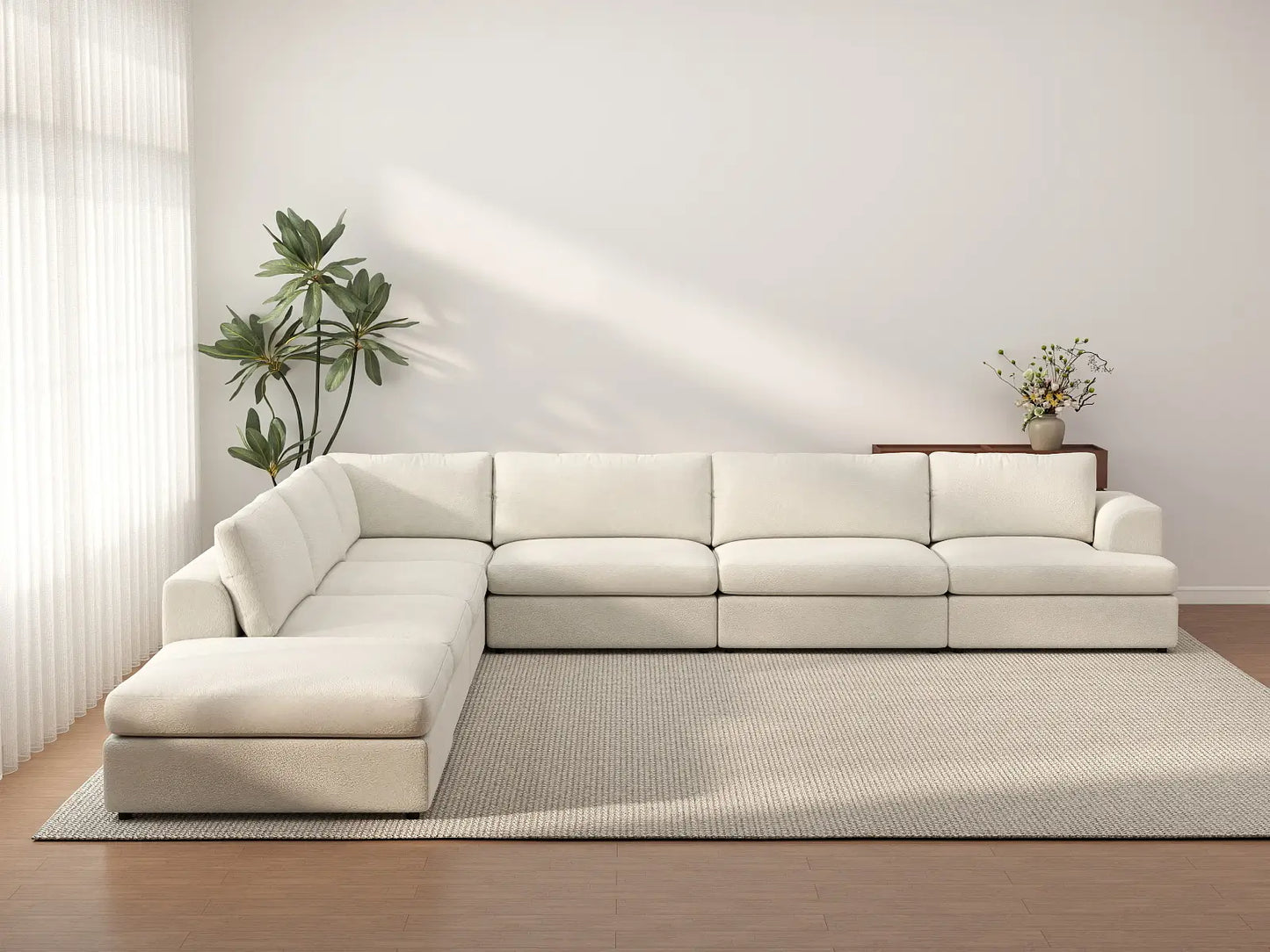 Deluxe Cloud 6-Seater White Large Space V-Shaped Sectional | 7-Piece (Includes 1 Ottoman), Bouclé Sherpa-Like Fabric, Easy To Clean