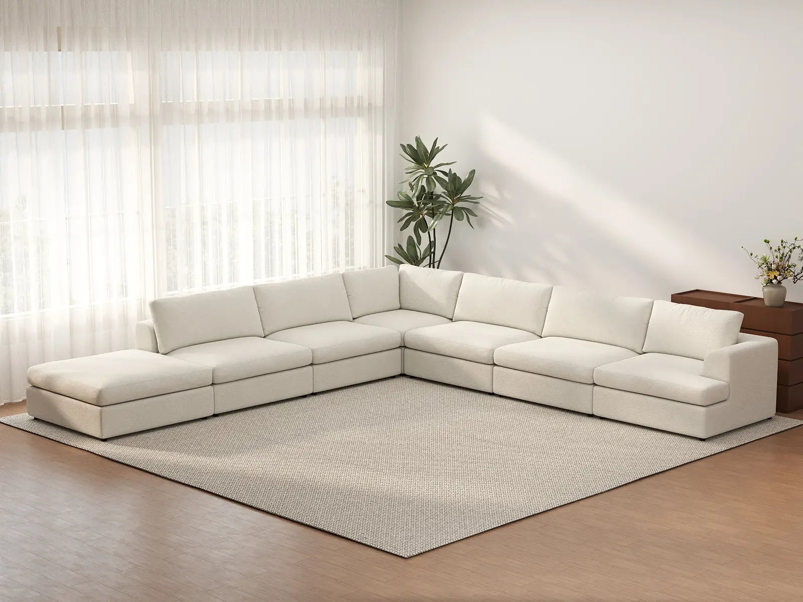 Deluxe Cloud 6-Seater White Large Space V-Shaped Sectional | 7-Piece (Includes 1 Ottoman), Bouclé Sherpa-Like Fabric, Easy To Clean