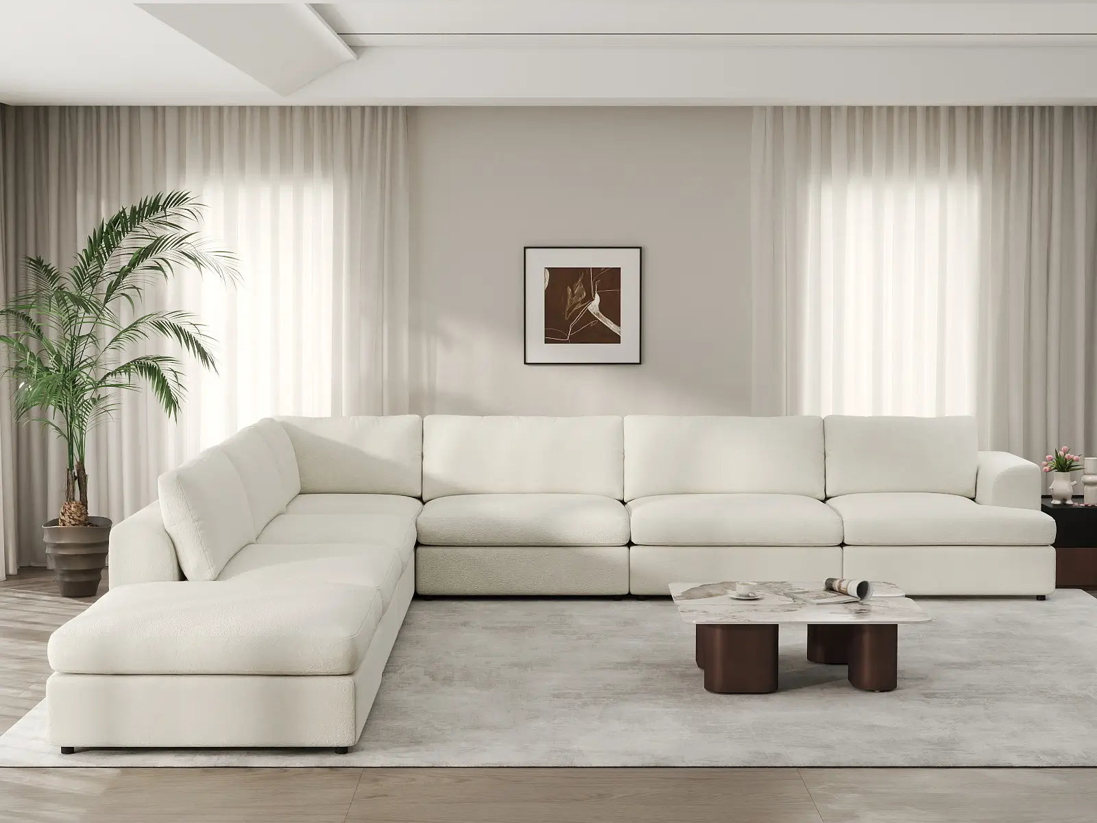 Deluxe Cloud 6-Seater White Large Space V-Shaped Sectional | 7-Piece (Includes 1 Ottoman), Bouclé Sherpa-Like Fabric, Easy To Clean