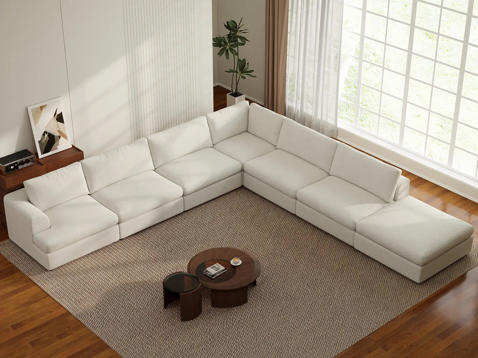 Deluxe Cloud 6-Seater White Large Space V-Shaped Sectional | 7-Piece (Includes 1 Ottoman), Bouclé Sherpa-Like Fabric, Easy To Clean