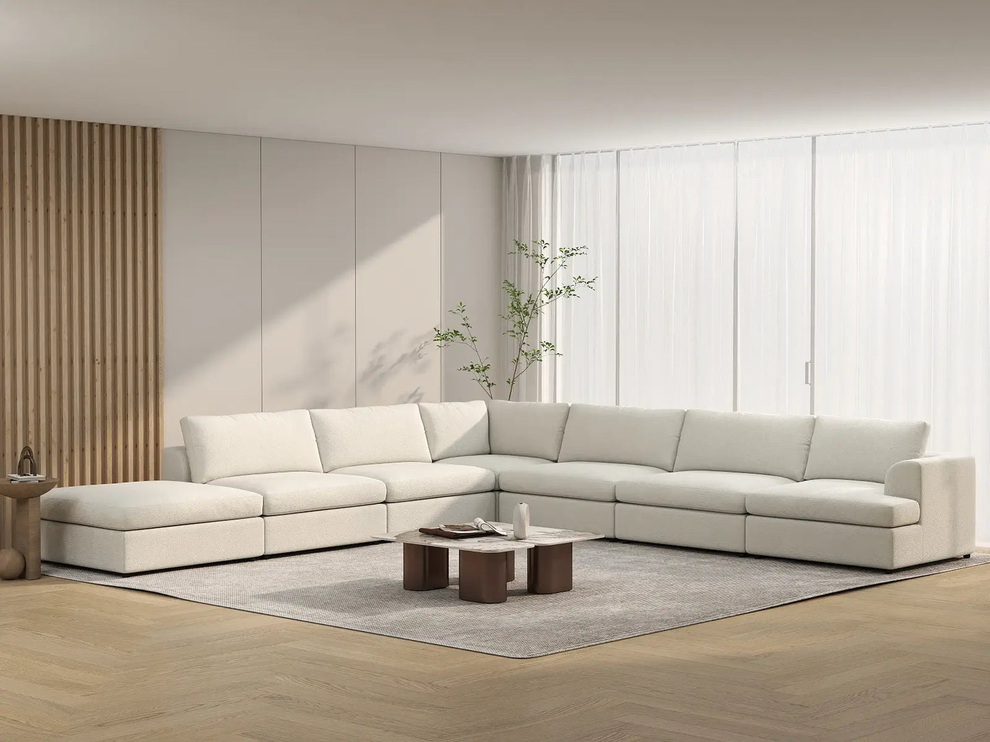 Deluxe Cloud 6-Seater White Large Space V-Shaped Sectional | 7-Piece (Includes 1 Ottoman), Bouclé Sherpa-Like Fabric, Easy To Clean
