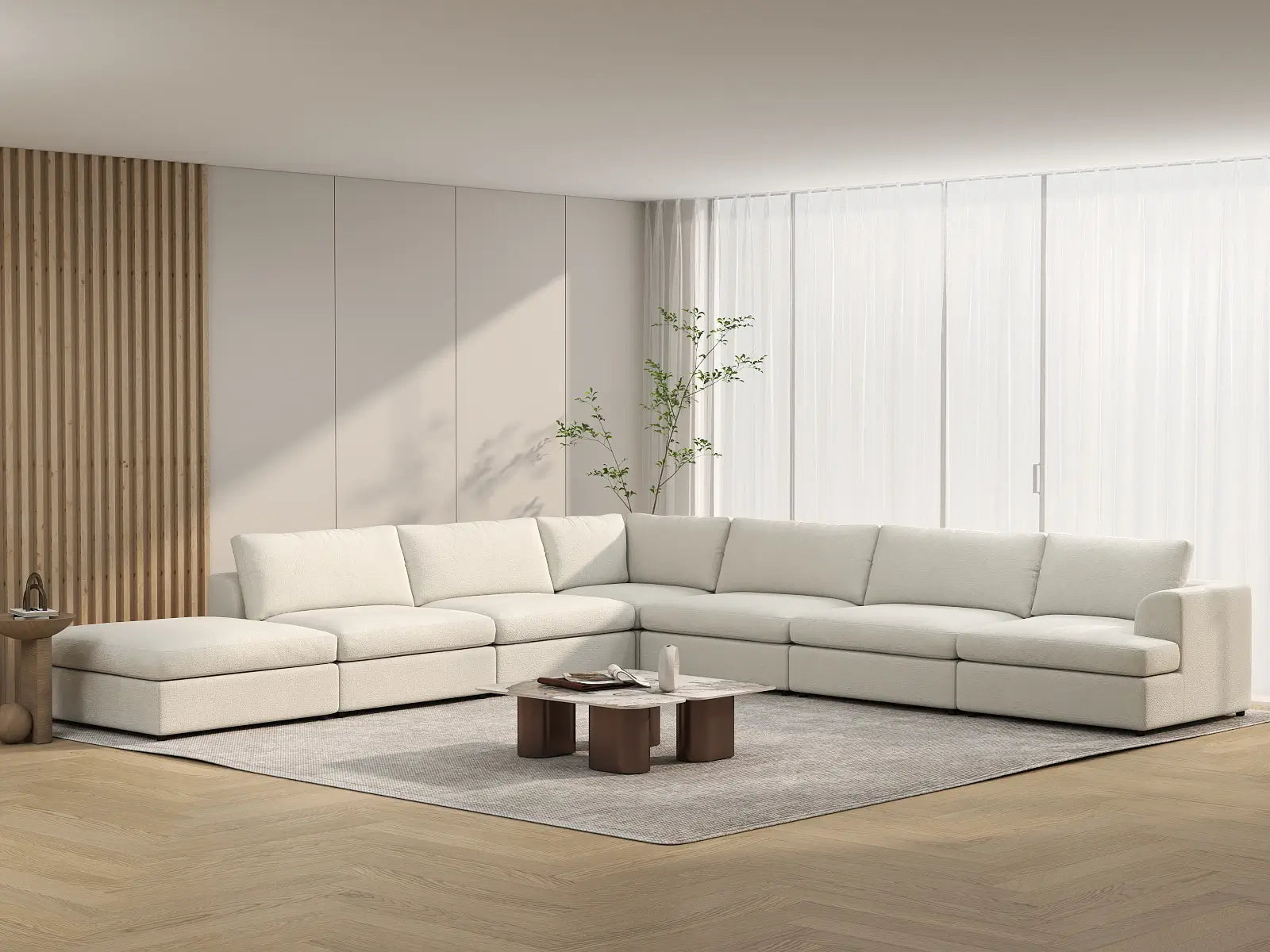 Deluxe Cloud 6-Seater White Large Space V-Shaped Sectional | 7-Piece (Includes 1 Ottoman), Bouclé Sherpa-Like Fabric, Easy To Clean