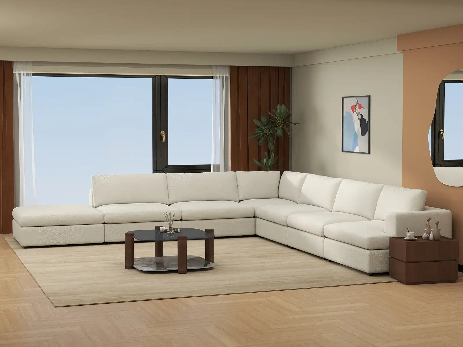 Deluxe Cloud 6-Seater White Large Space V-Shaped Sectional | 7-Piece (Includes 1 Ottoman), Bouclé Sherpa-Like Fabric, Easy To Clean