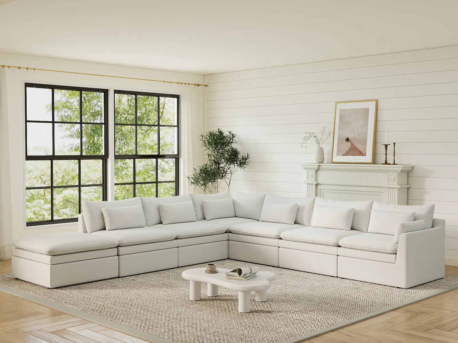 Deluxe Cloud 6-Seater White Large Space V-Shaped Sectional | 7-Piece (Includes 1 Ottoman), Linen Look Poly Fabric, Easy To Clean
