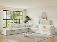 Deluxe Cloud 6-Seater White Large Space V-Shaped Sectional | 7-Piece (Includes 1 Ottoman), Linen Look Poly Fabric, Easy To Clean