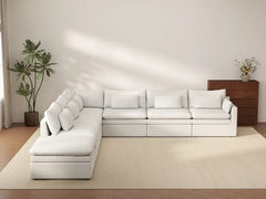 Deluxe Cloud 6-Seater White Large Space V-Shaped Sectional | 7-Piece (Includes 1 Ottoman), Linen Look Poly Fabric, Easy To Clean