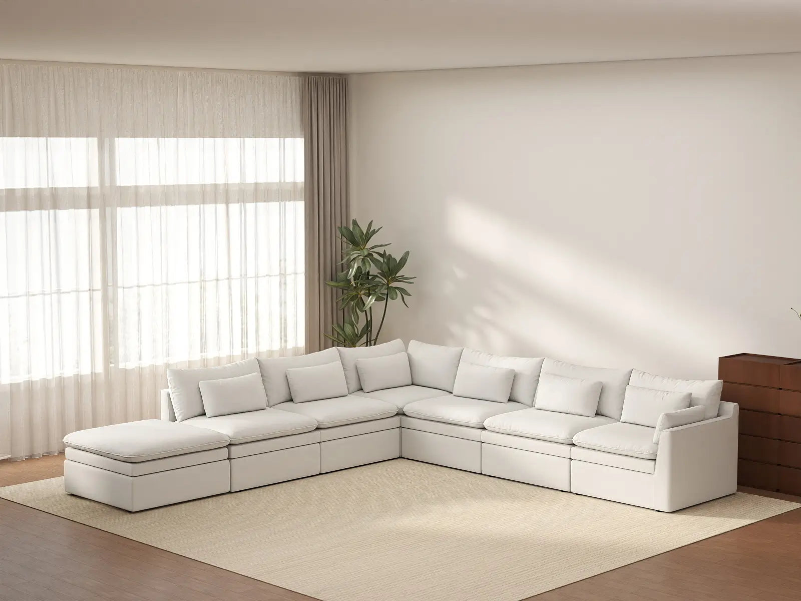 Deluxe Cloud 6-Seater White Large Space V-Shaped Sectional | 7-Piece (Includes 1 Ottoman), Linen Look Poly Fabric, Easy To Clean