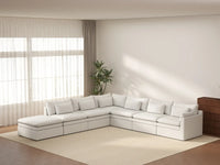 Deluxe Cloud 6-Seater White Large Space V-Shaped Sectional | 7-Piece (Includes 1 Ottoman), Linen Look Poly Fabric, Easy To Clean