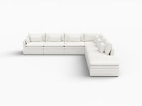 Deluxe Cloud 6-Seater White Large Space V-Shaped Sectional | 7-Piece (Includes 1 Ottoman), Linen Look Poly Fabric, Easy To Clean